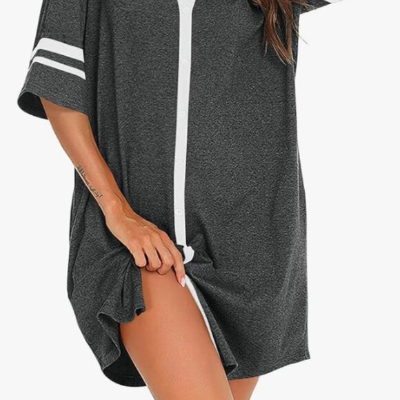 Rooscier Women's V Neck Short Sleeve Button Down Lounge Nightgown Sleepshirt - Picture 3 of 4